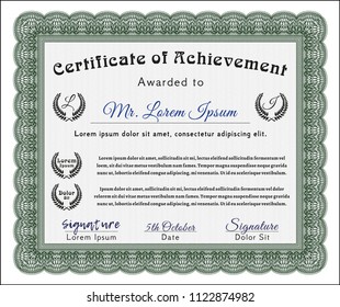 Green Certificate or diploma template. Money Pattern design. Vector illustration. With linear background. 