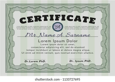 Green Certificate or diploma template. Money style design. Detailed. Printer friendly. 