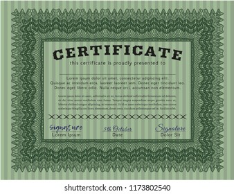 Green Certificate or diploma template. Money design. With guilloche pattern and background. Detailed. 