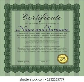 Green Certificate or diploma template. Money design. With complex linear background. Vector illustration. 