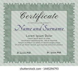Green Certificate or diploma template. Money design. Detailed. With complex background. 