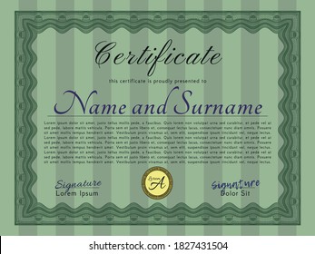 Green Certificate or diploma template.  Money style design.  With linear background.   