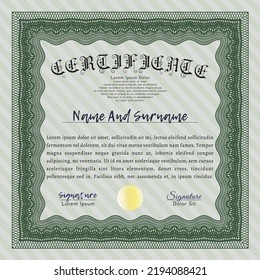 Green Certificate or diploma template.  Money design.  With great quality guilloche pattern.   