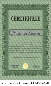 Green Certificate or diploma template. Nice design. Vector illustration. Complex background. 
