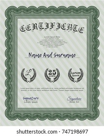 Green Certificate or diploma template. Nice design. Vector illustration. With great quality guilloche pattern. 