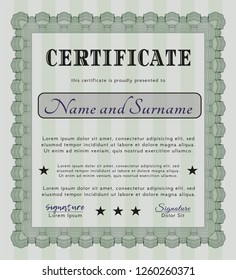 Green Certificate or diploma template. Printer friendly. Vector illustration. Cordial design. 