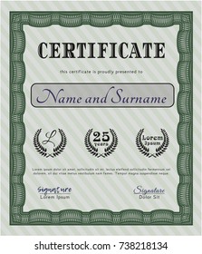 Green Certificate or diploma template. Sophisticated design. With guilloche pattern and background. Vector illustration. 
