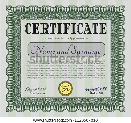 Green Certificate or diploma template. Superior design. Vector illustration. With great quality guilloche pattern. 