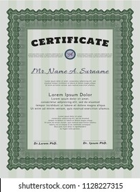 Green Certificate or diploma template. Vector illustration. Printer friendly. Money Pattern design. 