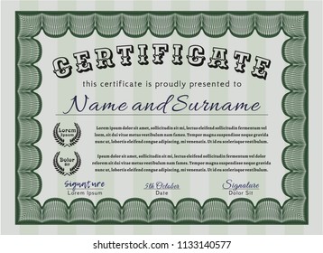Green Certificate or diploma template. Vector illustration. With guilloche pattern and background. Good design. 