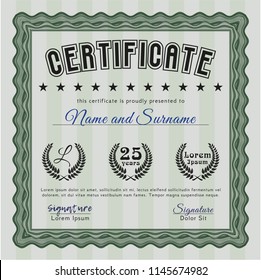 Green Certificate or diploma template. Vector illustration. With great quality guilloche pattern. Elegant design. 