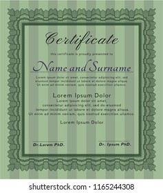 Green Certificate or diploma template. Vector illustration. With guilloche pattern. Sophisticated design. 