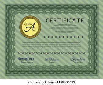 Green Certificate or diploma template. Vector illustration. With linear background. Lovely design. 