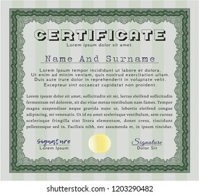 Green Certificate or diploma template. Vector illustration. With guilloche pattern. Retro design. 