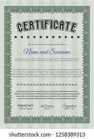 Green Certificate or diploma template. Vector illustration. With guilloche pattern and background. Excellent design. 