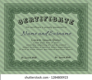 Green Certificate or diploma template. Vector illustration. With great quality guilloche pattern. Lovely design. 