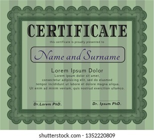 Green Certificate or diploma template. Vector illustration. With complex linear background. Cordial design. 