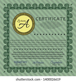 Green Certificate or diploma template. Vector illustration. Complex background. Perfect design. 