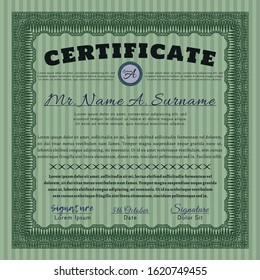 Green Certificate or diploma template. Vector illustration. With complex linear background. Lovely design. 