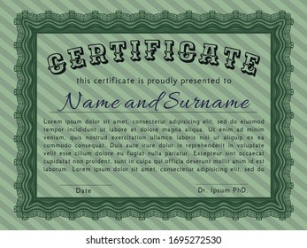 Plantilla de certificado o diploma verde. Ilustración vectorial. Con un patrón de guilloche de gran calidad. Diseño de patrón de dinero. 