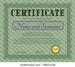 Green Certificate or diploma template. Vector illustration. With complex linear background. Excellent design. 