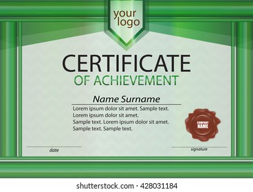 Green certificate or diploma template with wax seal. The text on separate layers. Reward. Winning the competition. Award winner. Vector illustration.