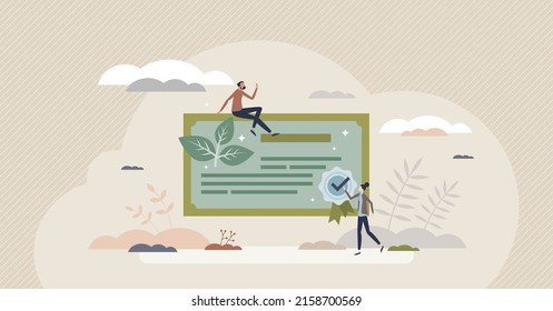 Green certificate and ecological nature approval diploma tiny person concept. Achievement for effective ecological natural resources consumption and sustainable business approach vector illustration.