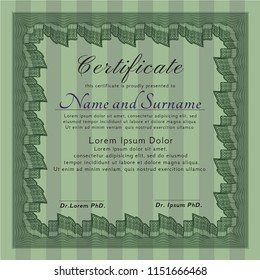  Green Certificate. With guilloche pattern and background. Vector illustration. Cordial design. 