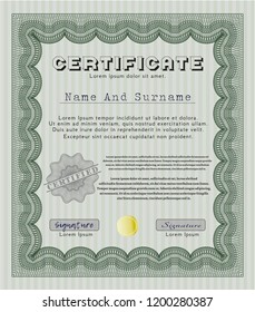 Green Certificate. With guilloche pattern and background. Cordial design. Vector illustration. 