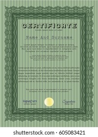 Green Certificate. With guilloche pattern and background. Nice design. Vector illustration. 