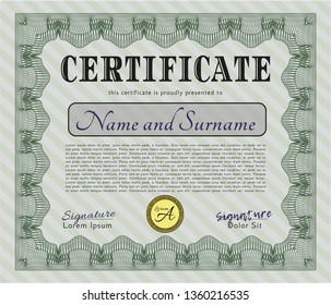 Green Certificate. With guilloche pattern. Nice design. Vector illustration. 