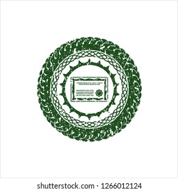 Green certificate icon inside distress rubber grunge stamp