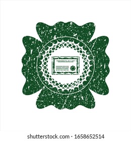 Green certificate icon inside distress rubber grunge seal