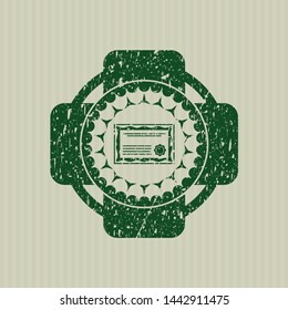 Green certificate icon inside rubber seal with grunge texture