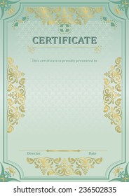 green certificate. Light background. Official blank. Gold ornament