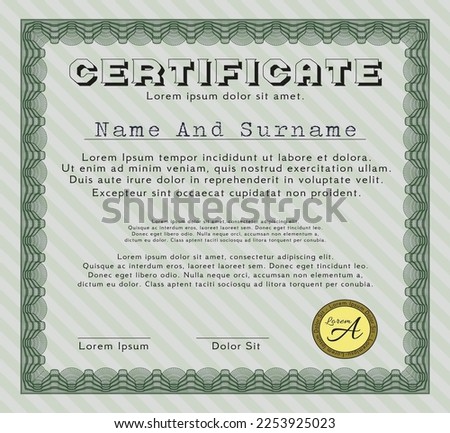 Green Certificate.  Superior design.  With great quality guilloche pattern.   