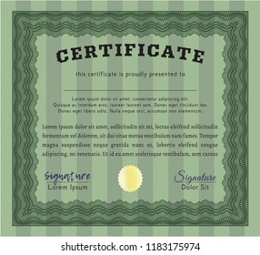 Green Certificate template. Artistry design. Detailed. With complex linear background. 