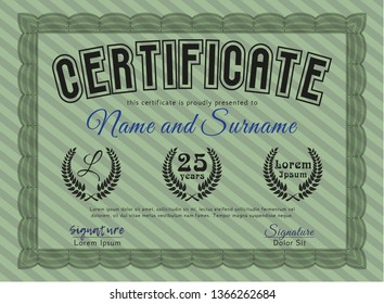 Green Certificate template. With complex background. Sophisticated design. Vector illustration. 