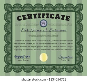 Green Certificate template. Cordial design. With complex background. Detailed. 