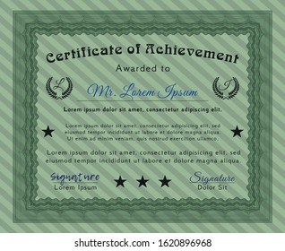 Green Certificate template. Detailed. Complex background. Artistry design. 