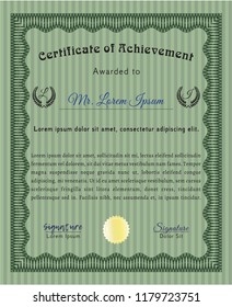 Green Certificate template or diploma template. With background. Detailed. Modern design. 