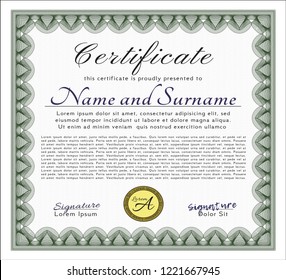Green Certificate template or diploma template. Beauty design. With great quality guilloche pattern. Vector illustration. 