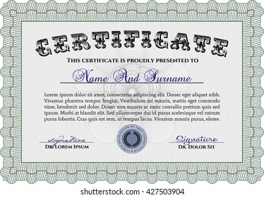 Green Certificate template or diploma template. Beauty design. Vector pattern that is used in currency and diplomas.Complex background. 