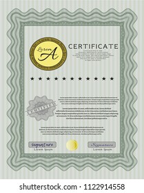Green Certificate template or diploma template. With complex background. Detailed. Cordial design. 