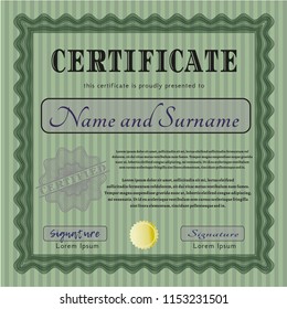 Green Certificate template or diploma template. With complex linear background. Detailed. Nice design. 