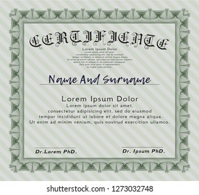 Green Certificate template or diploma template. With complex background. Detailed. Money design. 