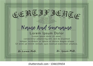 Green Certificate template or diploma template. Complex background. Detailed. Modern design. 