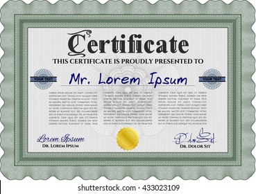Green Certificate template or diploma template. Complex background. Beauty design. Vector pattern that is used in currency and diplomas.