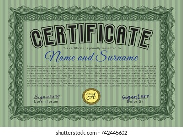 Green Certificate template or diploma template. With complex background. Beauty design. Customizable, Easy to edit and change colors. 