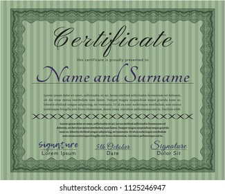 Green Certificate template or diploma template. Elegant design. With guilloche pattern and background. Vector illustration. 